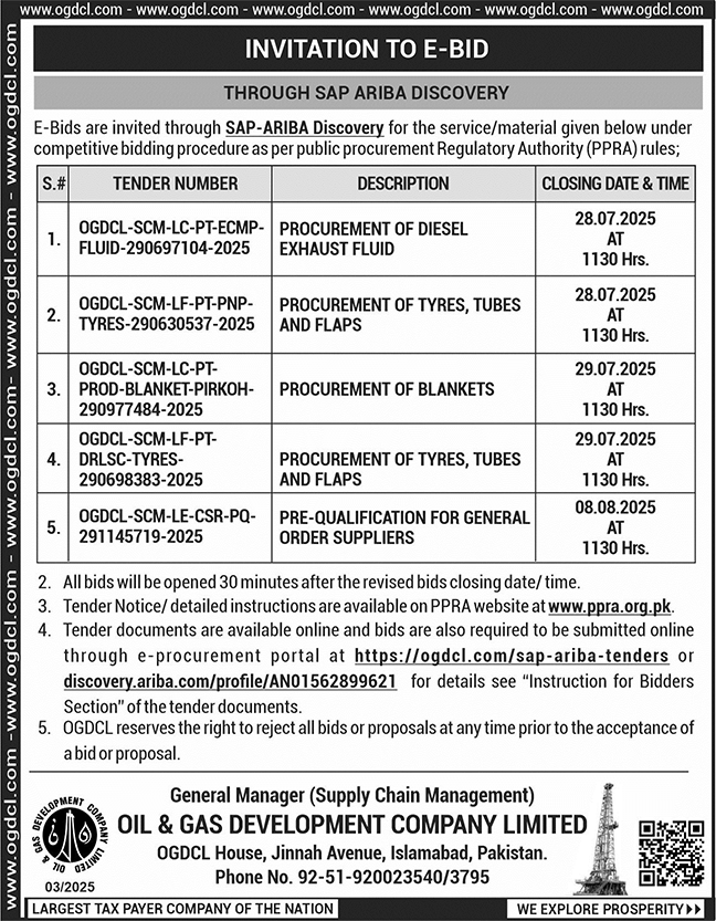 Oil & Gas Development Company Limited Islamabad Tender Notice